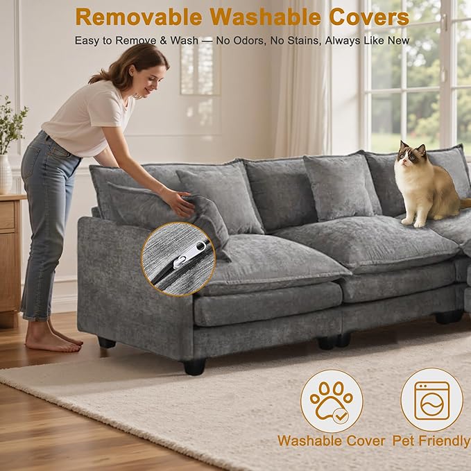 111.4" L-Shaped Cloud Chenille Sofa Sectional Couch