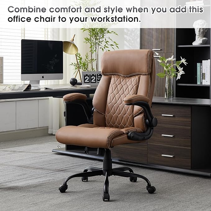 High Back Office Chair with Flip-up Armrests, Leather Comfy Desk Chair with