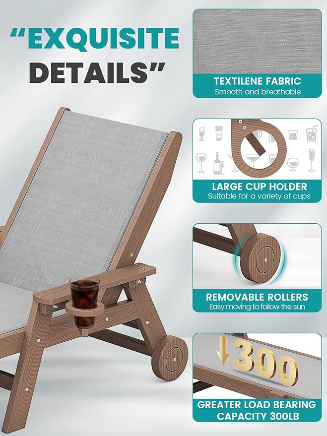 SERWALL Textilene Patio Chaise Lounge Chair, 5 Positions Adjustable Outdoor