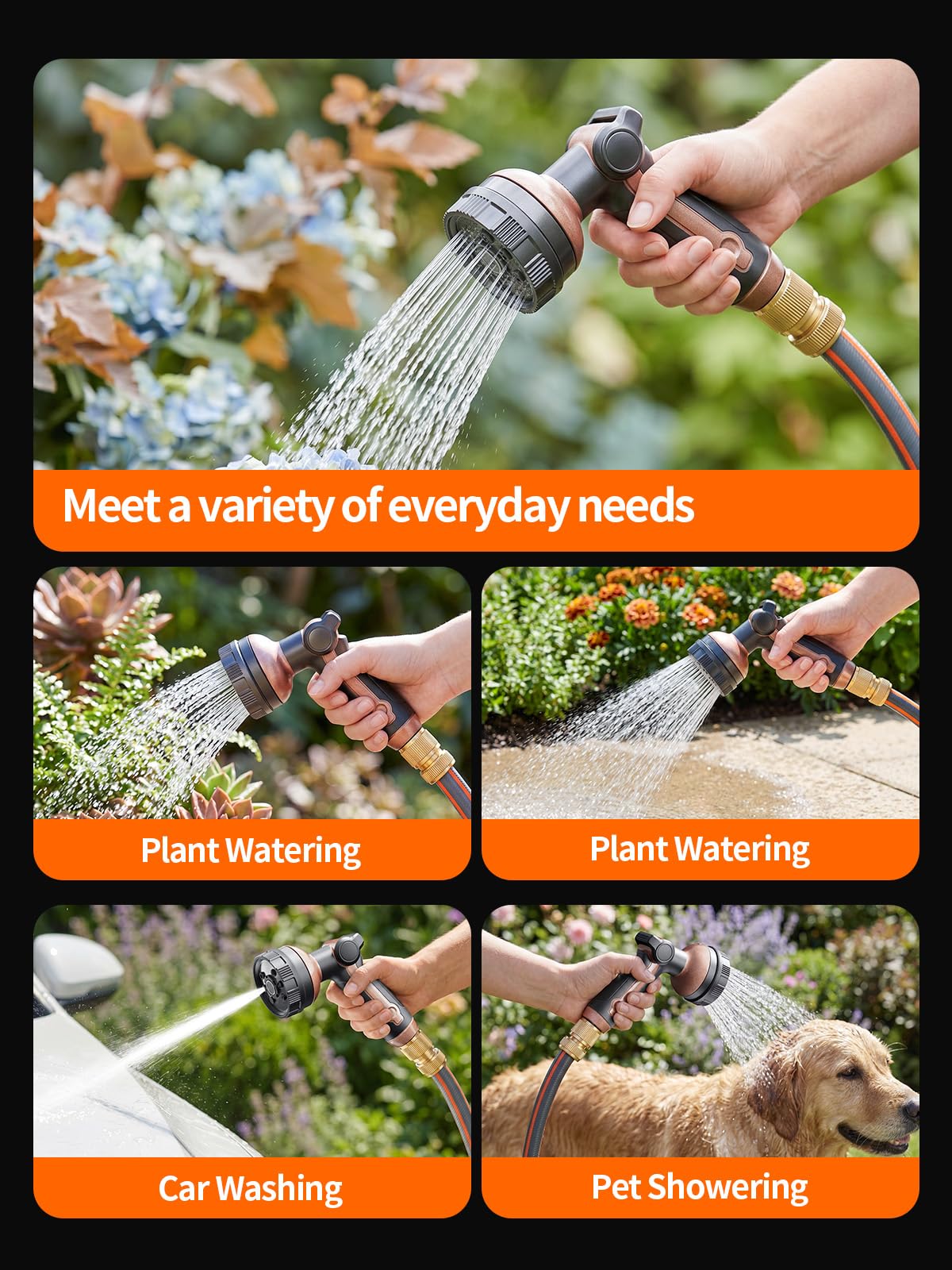 Garden Hose Nozzle, Metal Water Spray Nozzle with 8 Spray Patterns & Thumb Control, Heavy Duty Full Shower Water Nozzle for Lawn & Plant Watering, Car & Pet Washing, Black
