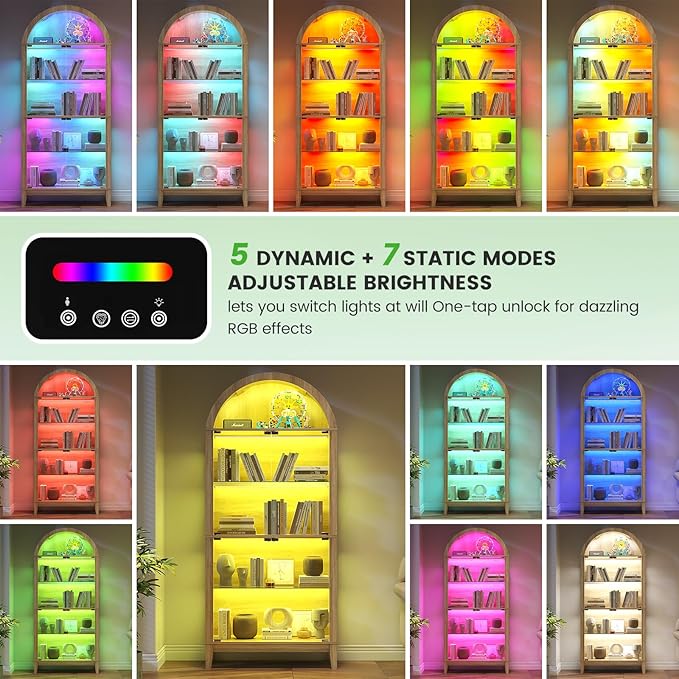HNEBC Arched Display Case with RGB Lights, LED Curio Cabinet with Shelf