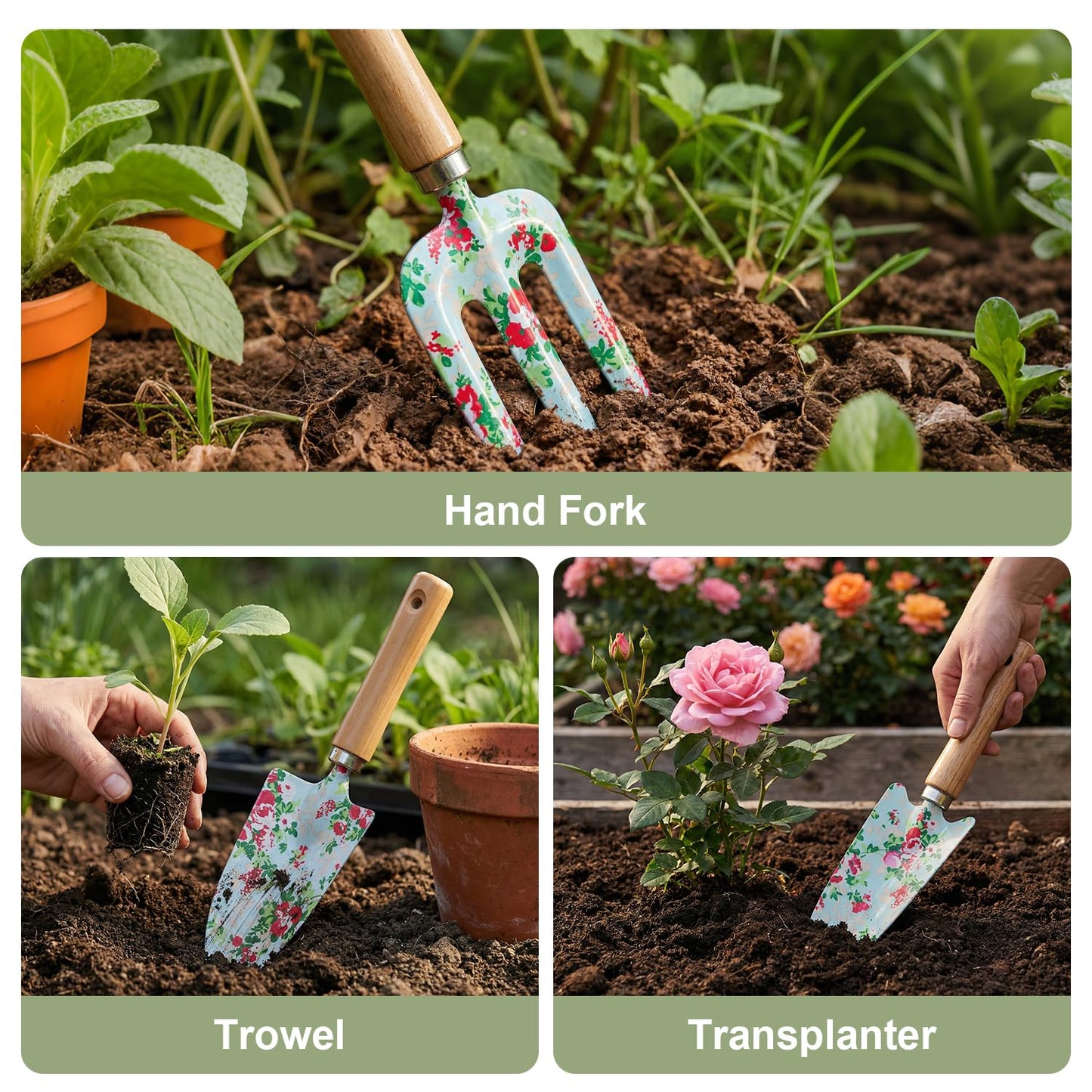 WANCHI Light Green Gardening Set, 10-Piece Garden Tool Kit with Trowel, Hoe, Shovel & Rake, Ideal Gardening Gift for Women, Mom, Grandma | Birthday Gifts for Her | Hand Tools for Small Gardens