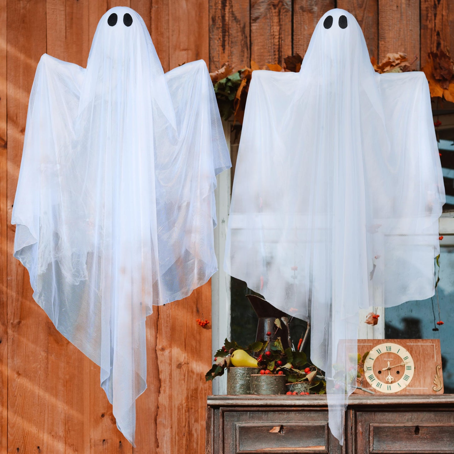 JOYIN 2 Pcs 47” Halloween Light up Hanging Ghost Decorations Outdoor, Halloween Flying Hanging Ghosts with Warm LED Lights and Timer for Haunted House Prop Front Yard Patio Party Decor Indoor Outdoor