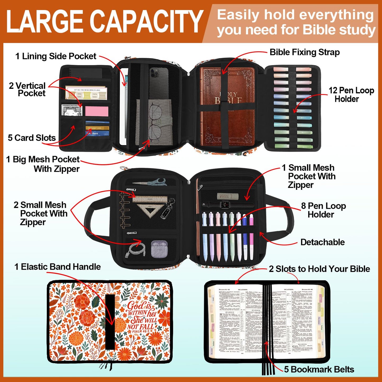 IBOVODI Autumn Flower Bible Cover Case for Women, Boho Cute Large Church Bible Bag Books Carrying Case with Shoulder Strap and Handle Zipper Pocket, Bible Study Supplies Journaling Kit Christian Gifts