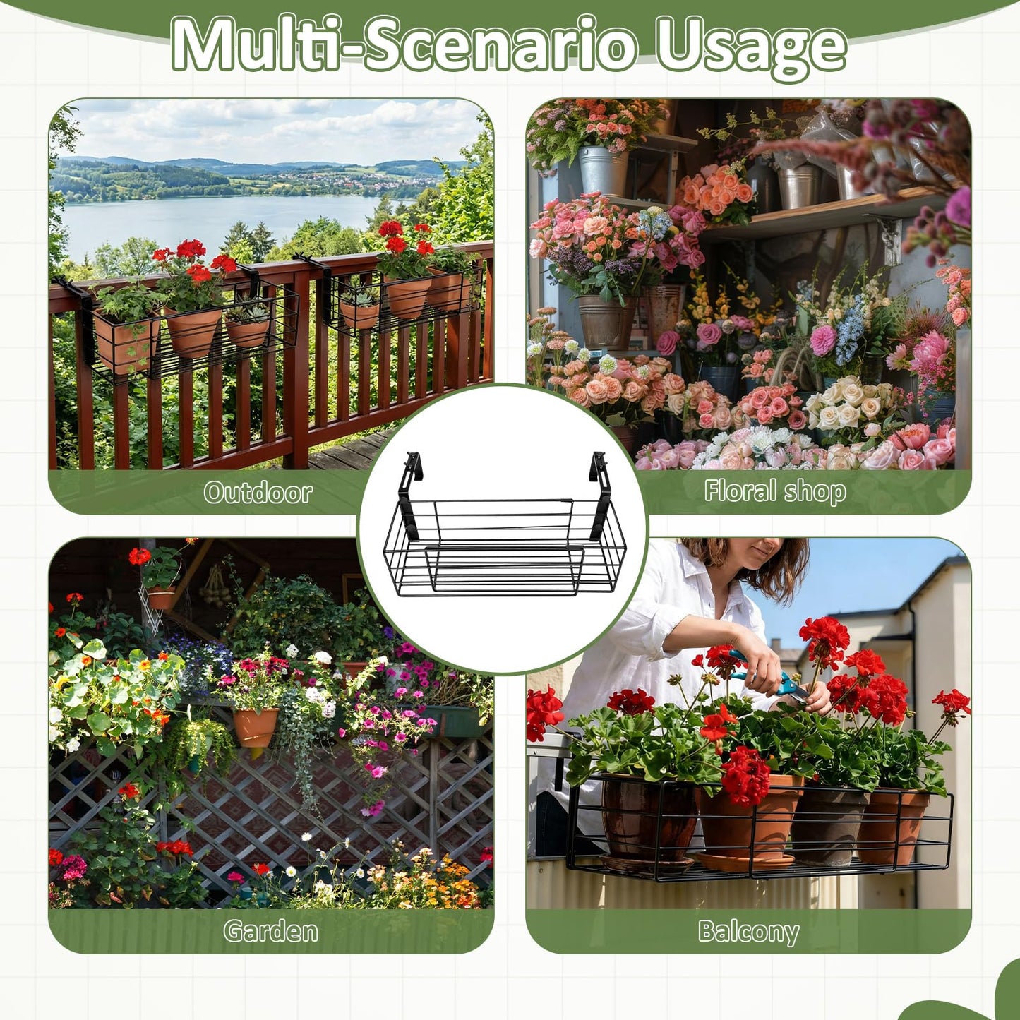 Youyole Railing Hanging Planter Holders, Adjustable Balcony Flower Pot Rack Stand, Expands 14"-27" Iron Hanger Hooks Fit Almost Any Balcony, Fence or Deck Railing up to 6" Wide(Black)