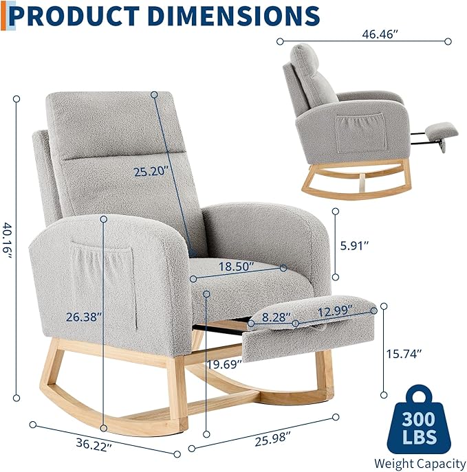 Modern Nursery Rocking Chair, Teddy Upholstered Rocking Chair