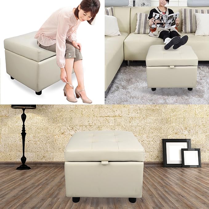 H&B Luxuries Tufted Leather Square Flip Top Storage Ottoman Cube Foot Rest