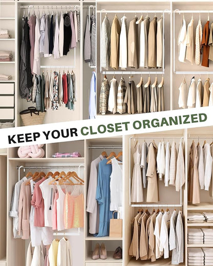 Hanging Closet Rod, 2 Pack Adjustable Height & Width Closet Rods for Hanging Clothes-Closet Extender Hanging Rod Space-Maximizing Design Suitable for Hanging and Drying Clothes, White