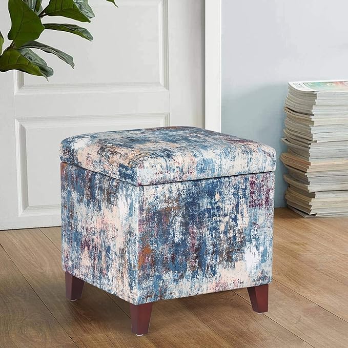 Adeco 18 Inch High Cube Ottoman Storage, Linen Chair Foot Stools, Upholstered