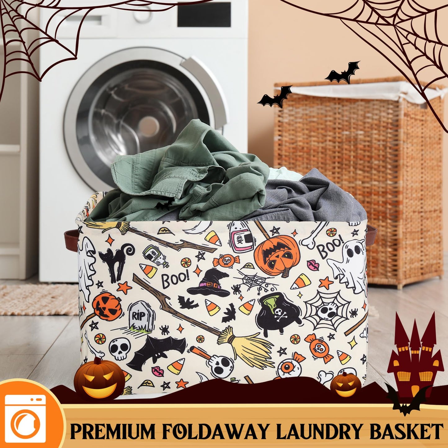 Seeloowy Halloween Ghost Basket with Handles Boo Pumpkin Bat Horror Storage Bin White Spooky Large Foldable Toy Laundry Storage for Halloween Room Car Decoration Bucket Laundry Box