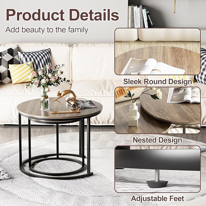 Garden 4 you Nesting Coffee Table, 23.6" Round Coffee Table Set of 2, Wooden