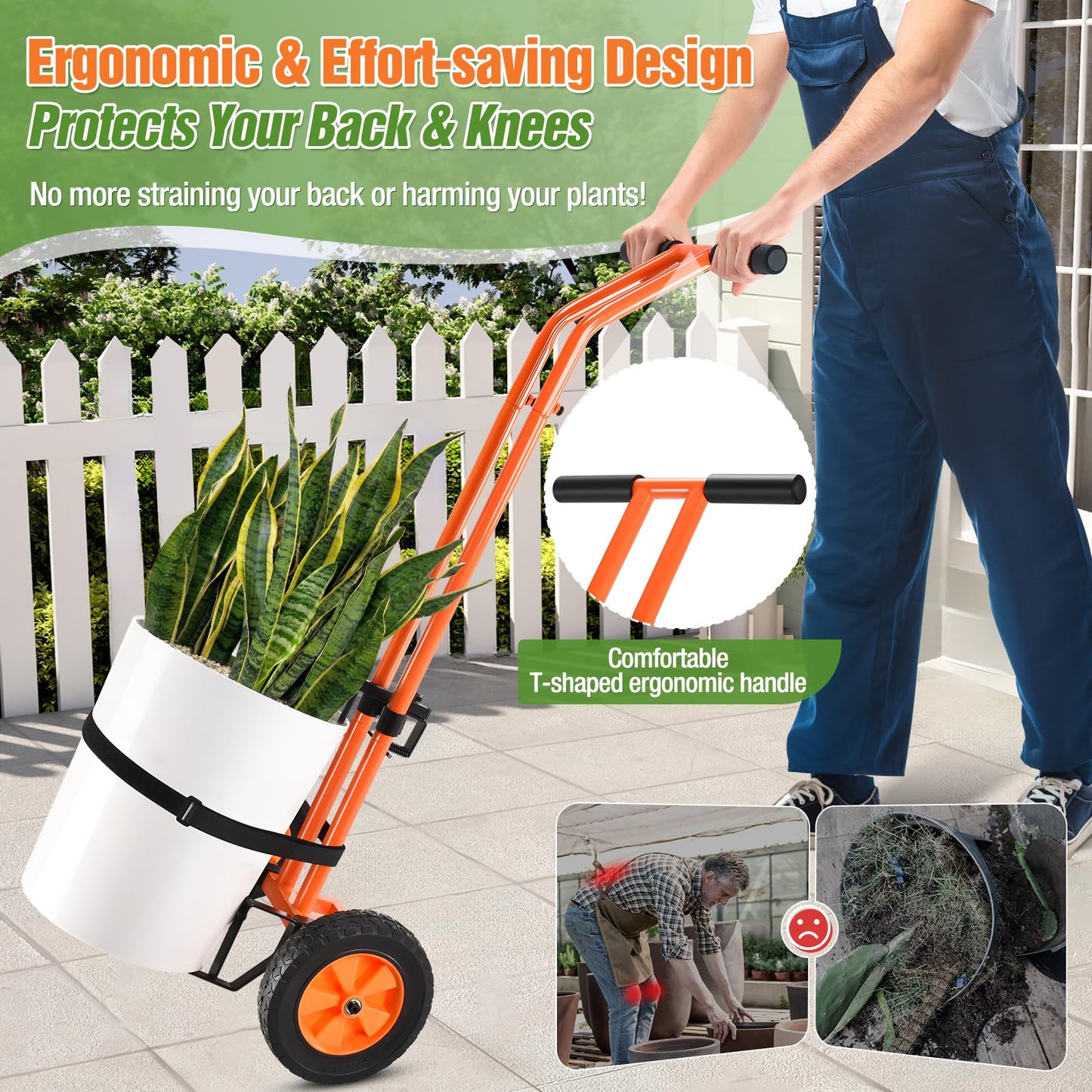 Plant Caddy with Wheels, Heavy Duty Plant Mover Cart with Adjustable Grabbing Arm and Strap, 175 LBS T-Handle Plant Dolly with Suction Cups for Plant Pots Garden Pot Trolley Indoor Outdoor Use, Orange