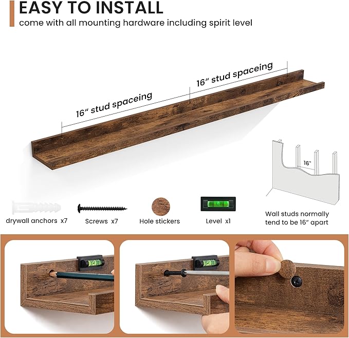 Fun Memories Picture Ledge Shelves Set of 2, 48 Inch Rustic Wall Mounted