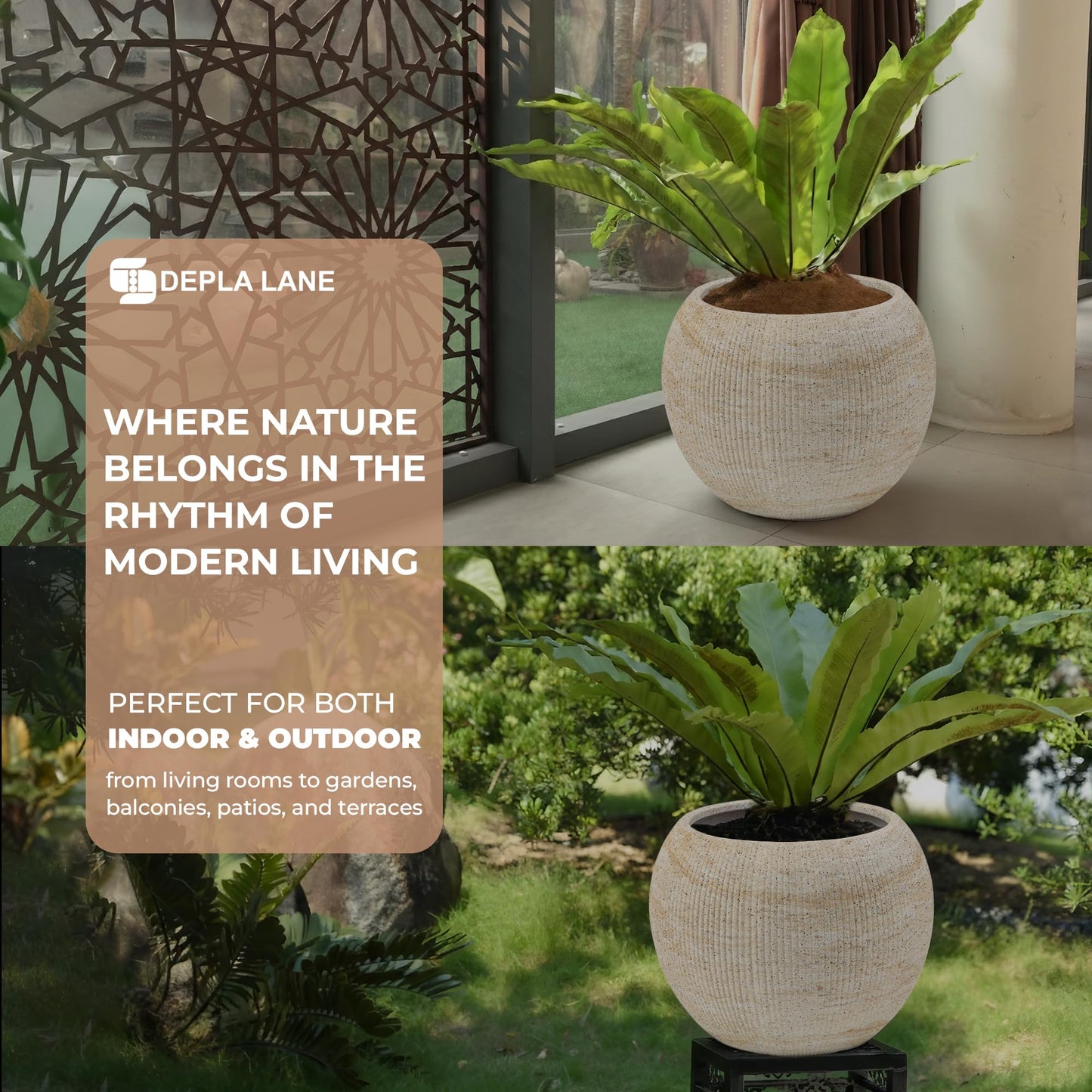 DEPLA LANE Marlo Fiberstone Round Planter (8.5" Pot Opening x 12.6" D x 9.8" H) Ribbed Finish, Lightweight, Durable, UV Resistant, Modern Home Decor, Indoor Outdoor Pot (S, Ribbed Travertine Beige)