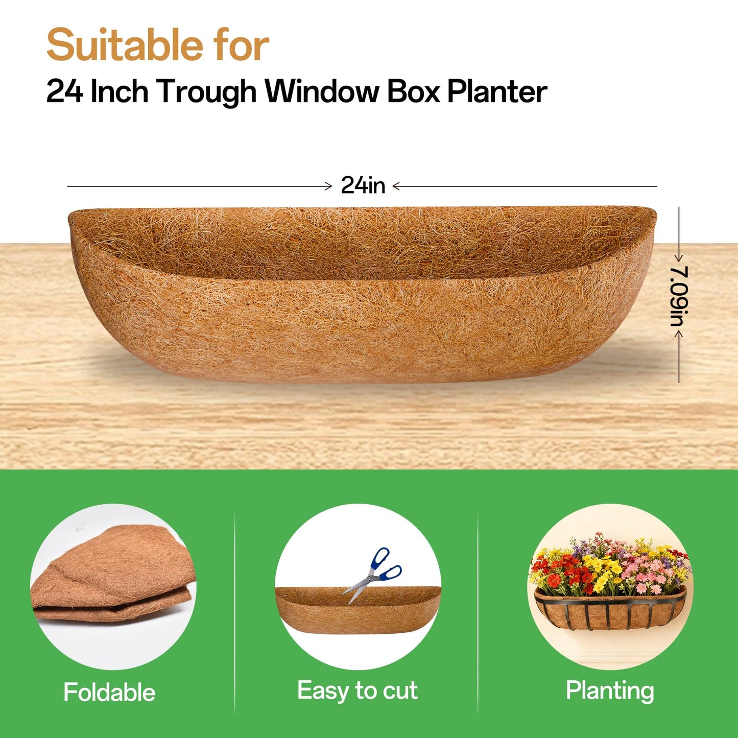 ZeeDix 24 Inch Trough Coconut Liners for Planters (4-Pack) - 100% Natural Coconut Coir Fiber Planter Liners Replacement for Window Boxes, Wall Baskets, Deck Flower Boxes, Garden Railing Fence Troughs