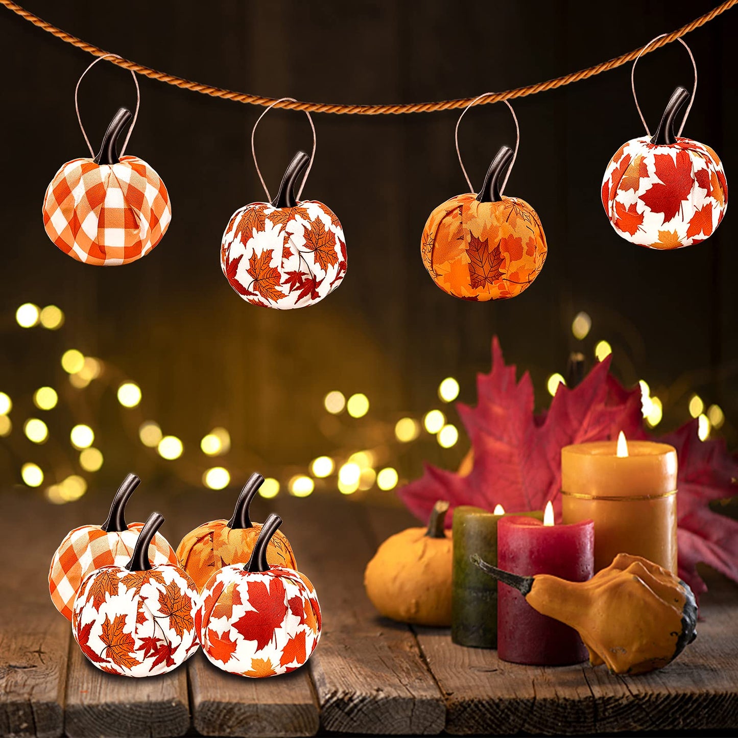 Sfcddtlg 12 Pcs Fall Thanksgiving Day Hanging Pumpkin- Maple Leaf Gingham Fabric Wrapped Hanging Ball Ornament for Farmhouse Fall Autumn Thanksgiving Party Home Décor