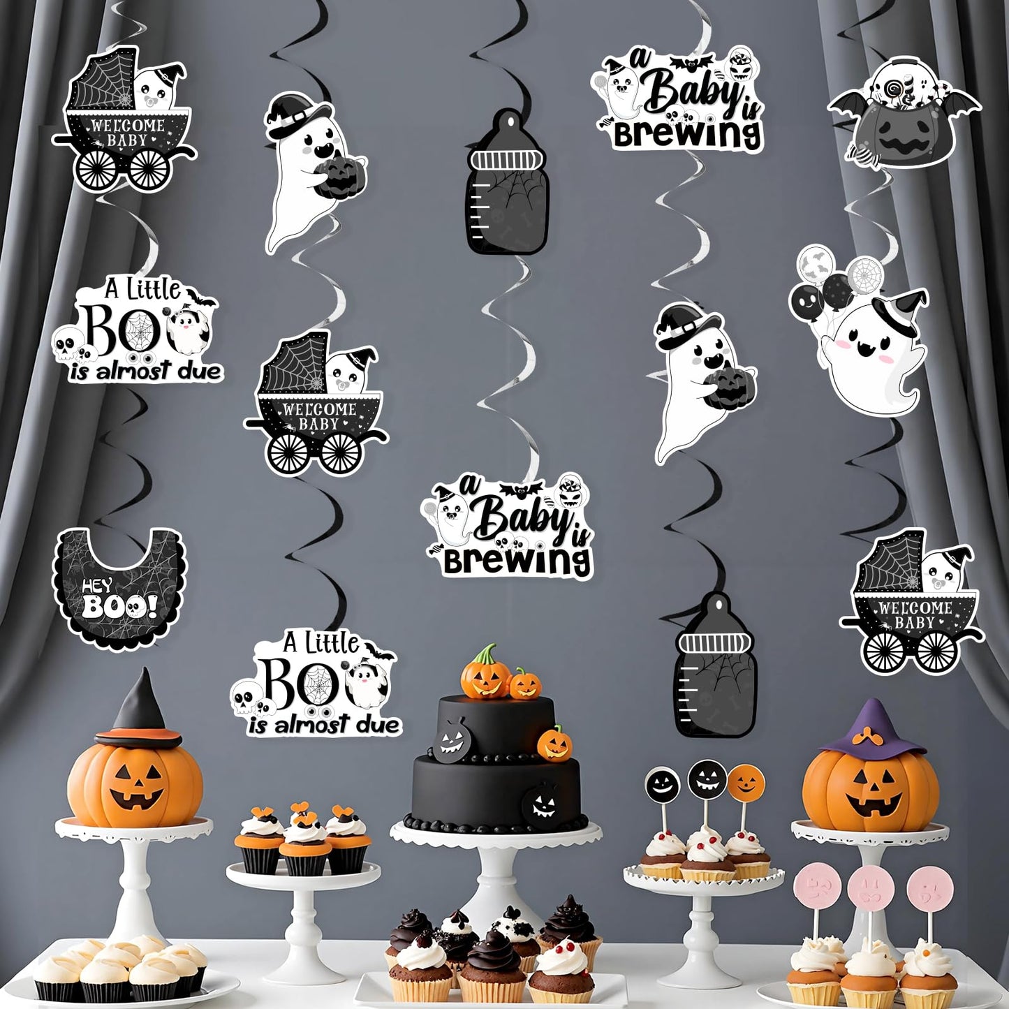 Kreatwow Halloween Baby Shower Decorations Black White 24pcs A Little Boo Is Almost Due Hanging Swirls A Baby Is Brewing Party Little Boo Party Decor Spooky Hanging Streamer for Pregnancy Celebration