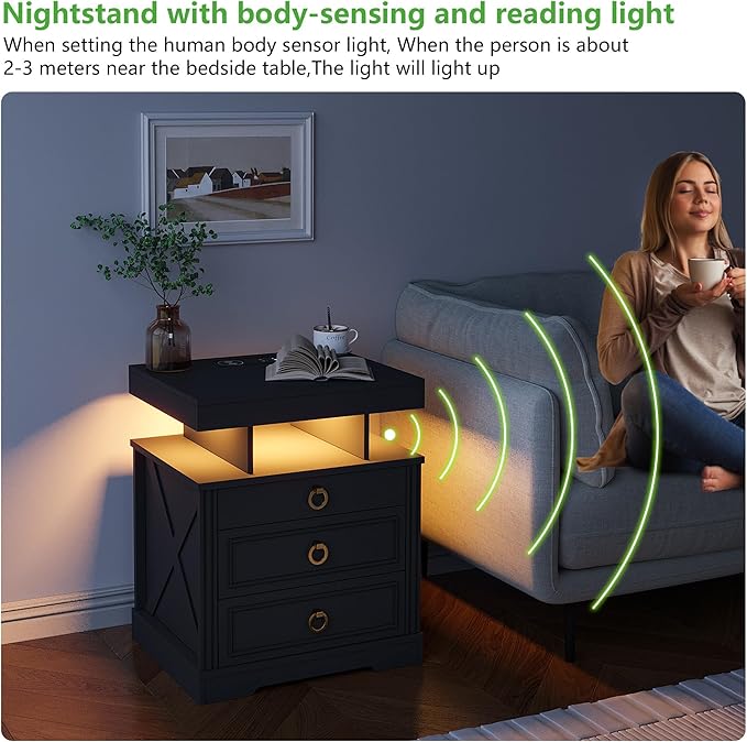 HNEBC Nightstand with Gun Drawers, LED Farmhouse Night Stand with Charging