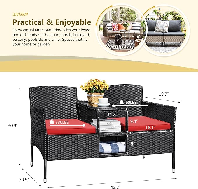 Devoko Outdoor Patio Loveseat Modern Rattan 2-Seat Patio Conversation Set