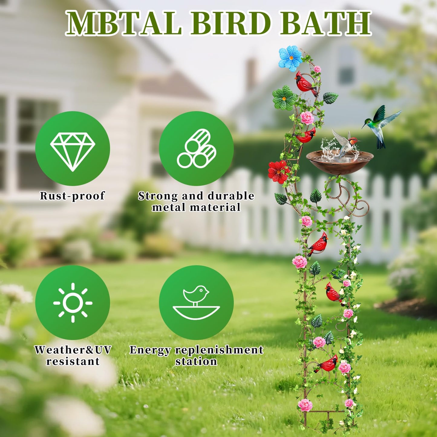 YADOOLIFE 57” Bird Bath with Garden Trellis for Climbing Plants Outdoor, Small Decorative Trellises Metal Birdbath Bird Baths, 1 Piece (Redbird)
