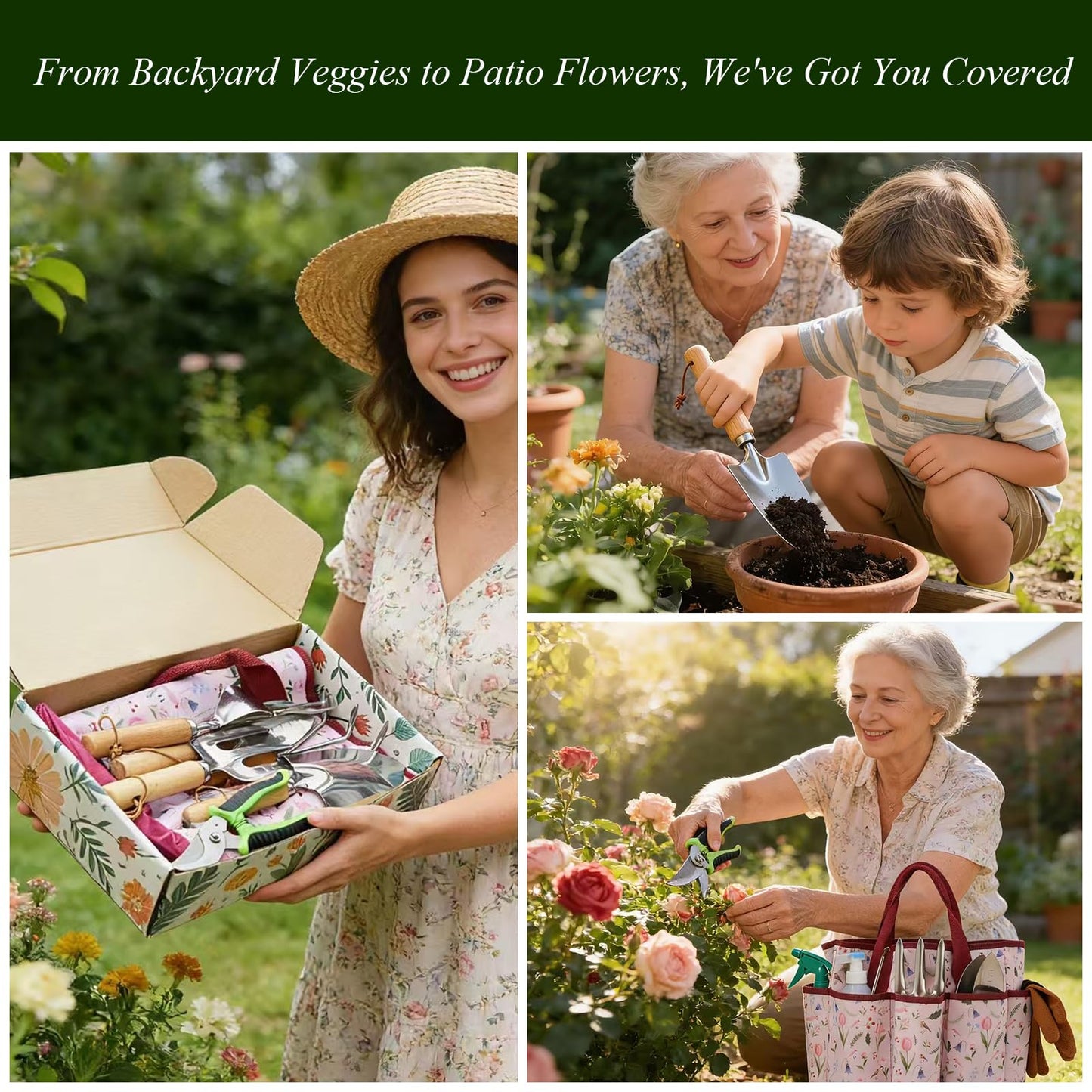 VerdantVibes Gardening Tools Set - 10 Piece Stainless Steel Garden Tools with Wood Handle, Pruners & Romantic Pink Floral Tote Bag - Cute Heavy Duty Gardening Gifts for Women Mom Wife