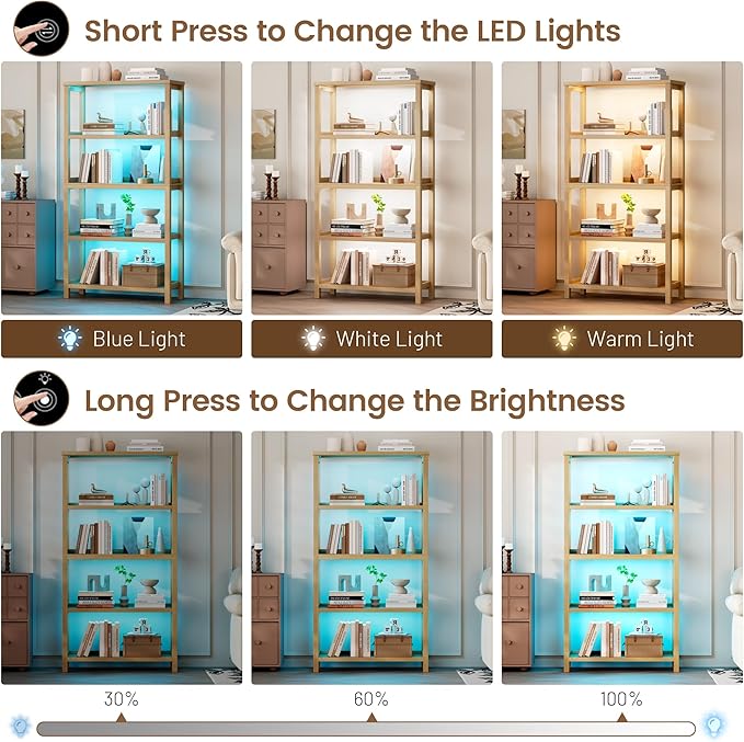 Vlsrka Wooden Bookshelf with Lights, 5 Tier Bookshelf with Storage, Tall
