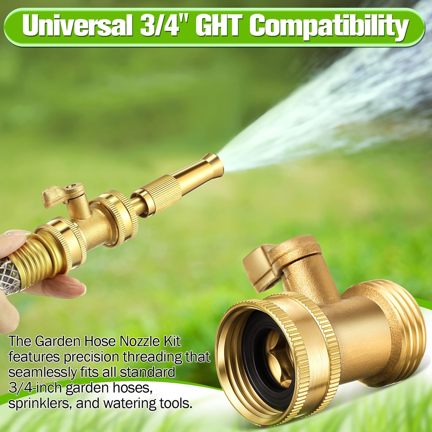 Dunkive 4 Pcs Garden Hose Nozzle Kit, 4" Brass Adjustable Twist Nozzle, Jet High Pressure Water Sprayer, Brass Hose Shut Off Valve with 10 Rubber Washers, 3/4" GHT Connector for Garden Sprinkler