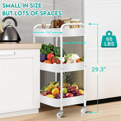 ZOES HOMEWARE 3 Tier Rolling Cart, Metal Utility Cart with 4 Hooks, Rolling Storage Cart on Wheels, Small Organizer Cart for Nursery, Kitchen, Living Room, Bathroom, White