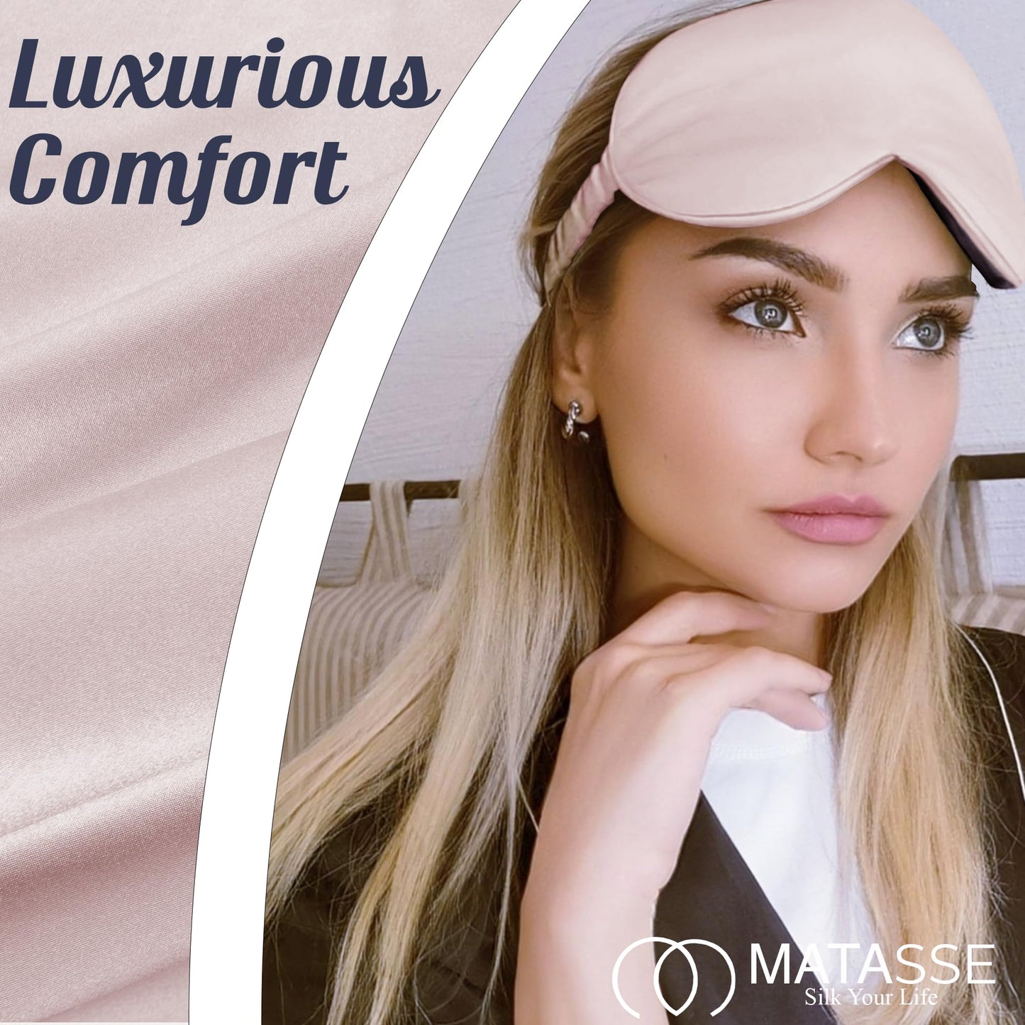 MATASSE Silk Eye Mask for Sleeping with Adjustable Elastic Band - 3D Contoured, Eye Cover Sleep Mask w/Genuine Mulberry Silk Including The Strap for Women, Men (Black)