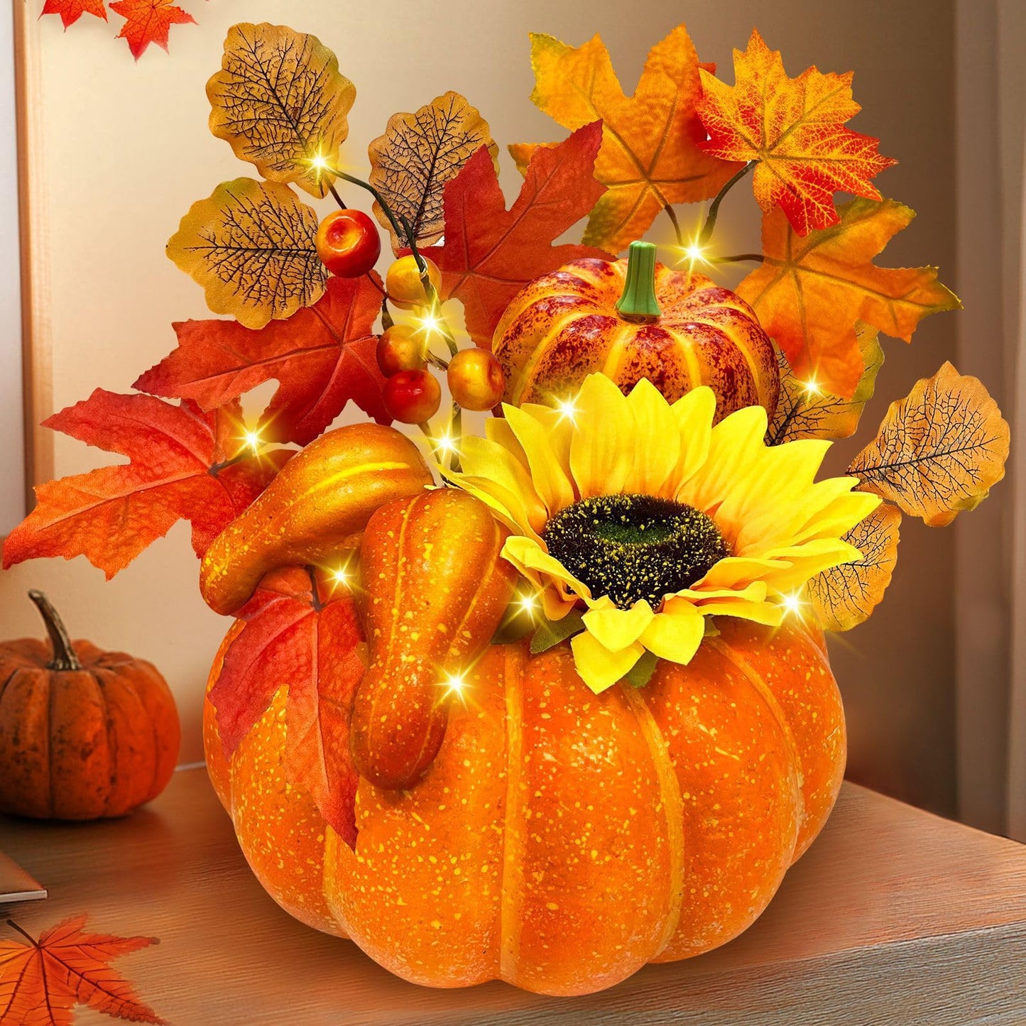 [Timer & Prelit] Thanksgiving Decorations Pumpkin Decor, Artificial Fake Pumpkin with Maples Leaves Sunflower Berried 20 LED Warm White Lights Fall Centerpieces for Tables Home Kitchen Porch Indoor