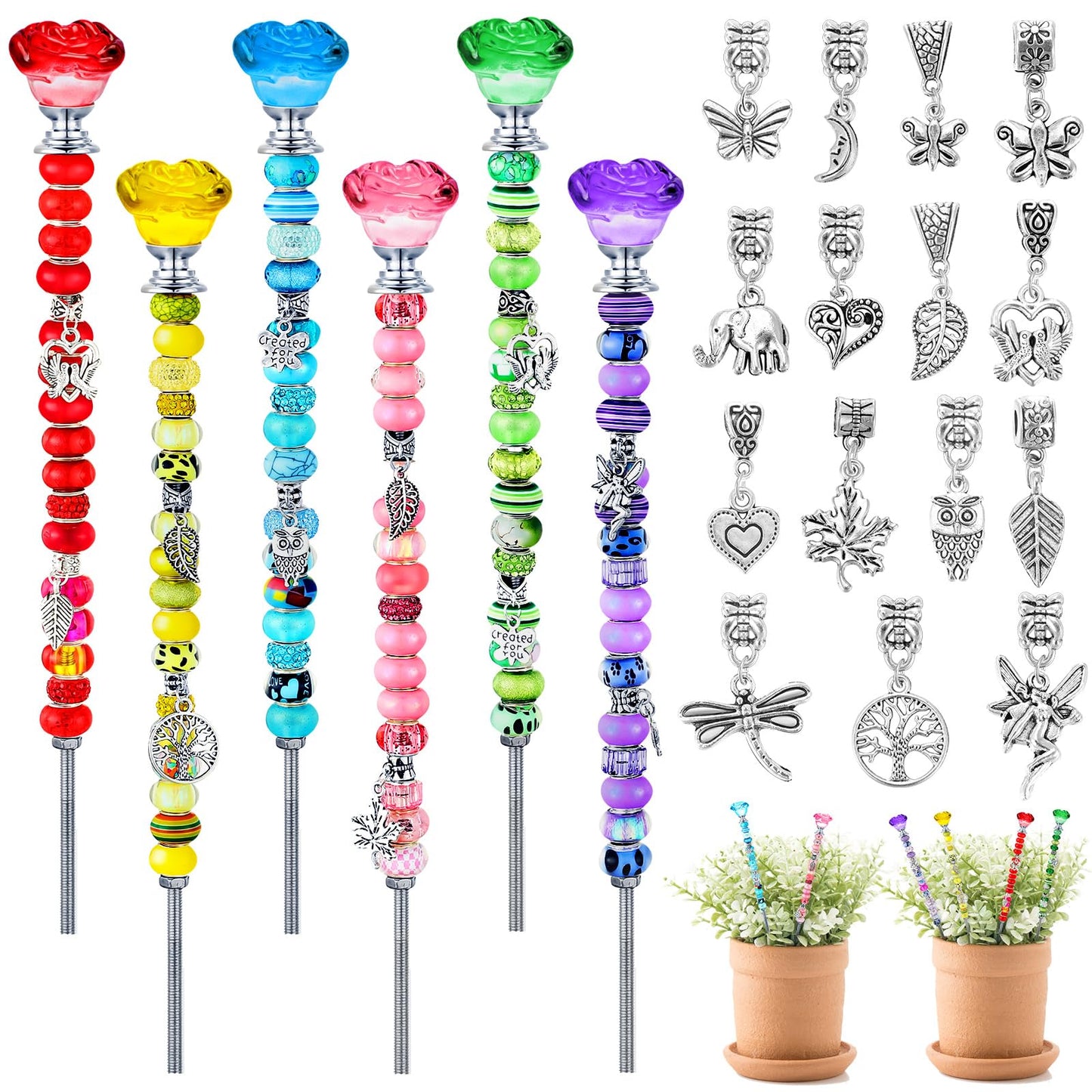 Lineshading 6 Sets Beaded Garden Stakes Kit, Rose Garden Stakes Accessories with Beads, Crystal Rose Stopper Top, (Classic Color)