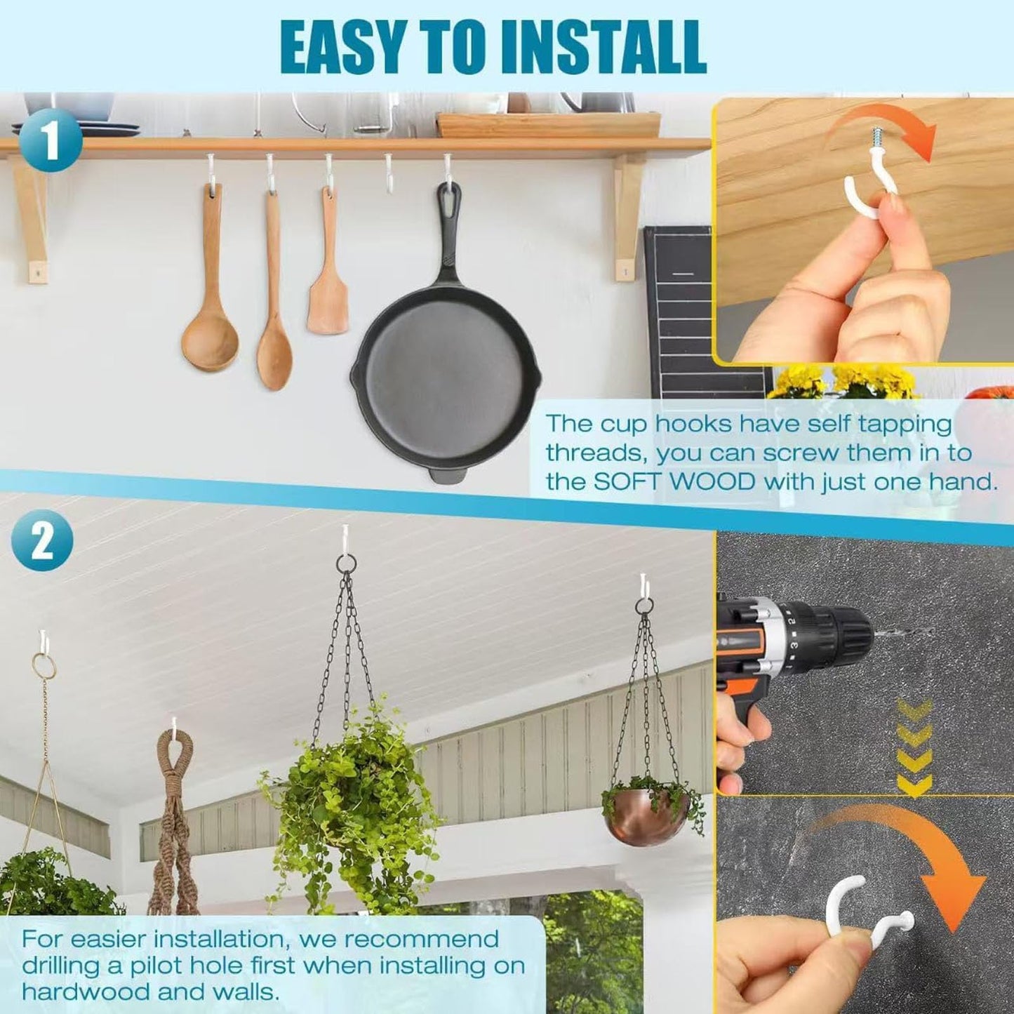 70 Pieces of 1 Piece White Ceiling Hook Kit, 6 Sizes Vinyl Coated Spiral Plant, Kitchen, Cup, Ceiling Hooks (1/2 inch, 5/8 inch, 3/4 inch, 7/8 inch, 1'', 1-1/4 inch)