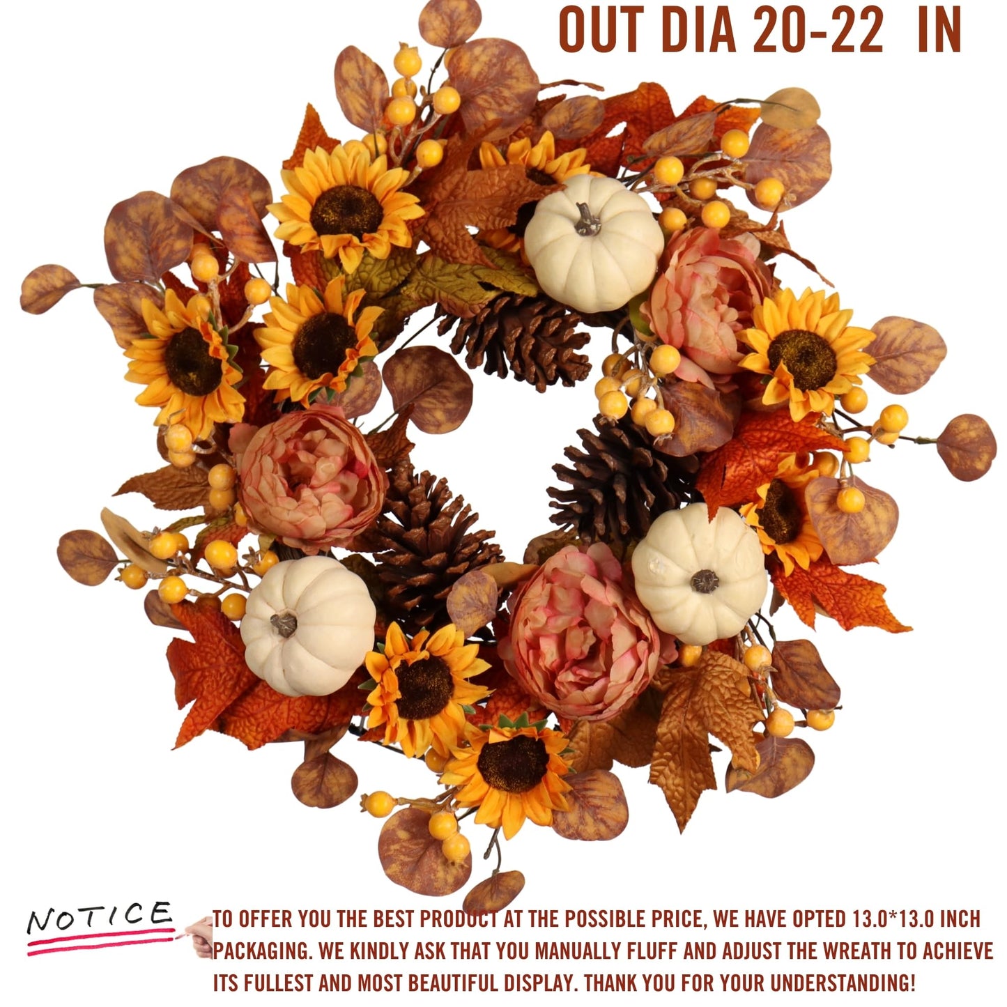 Artificial Fall Autumn Wreath 22 in with Sunflower,Peony,Pumpkin, Eucalyptus Leaf for Front Door Thanksgiving Wreaths Wall Window Harvest Festival Celebration