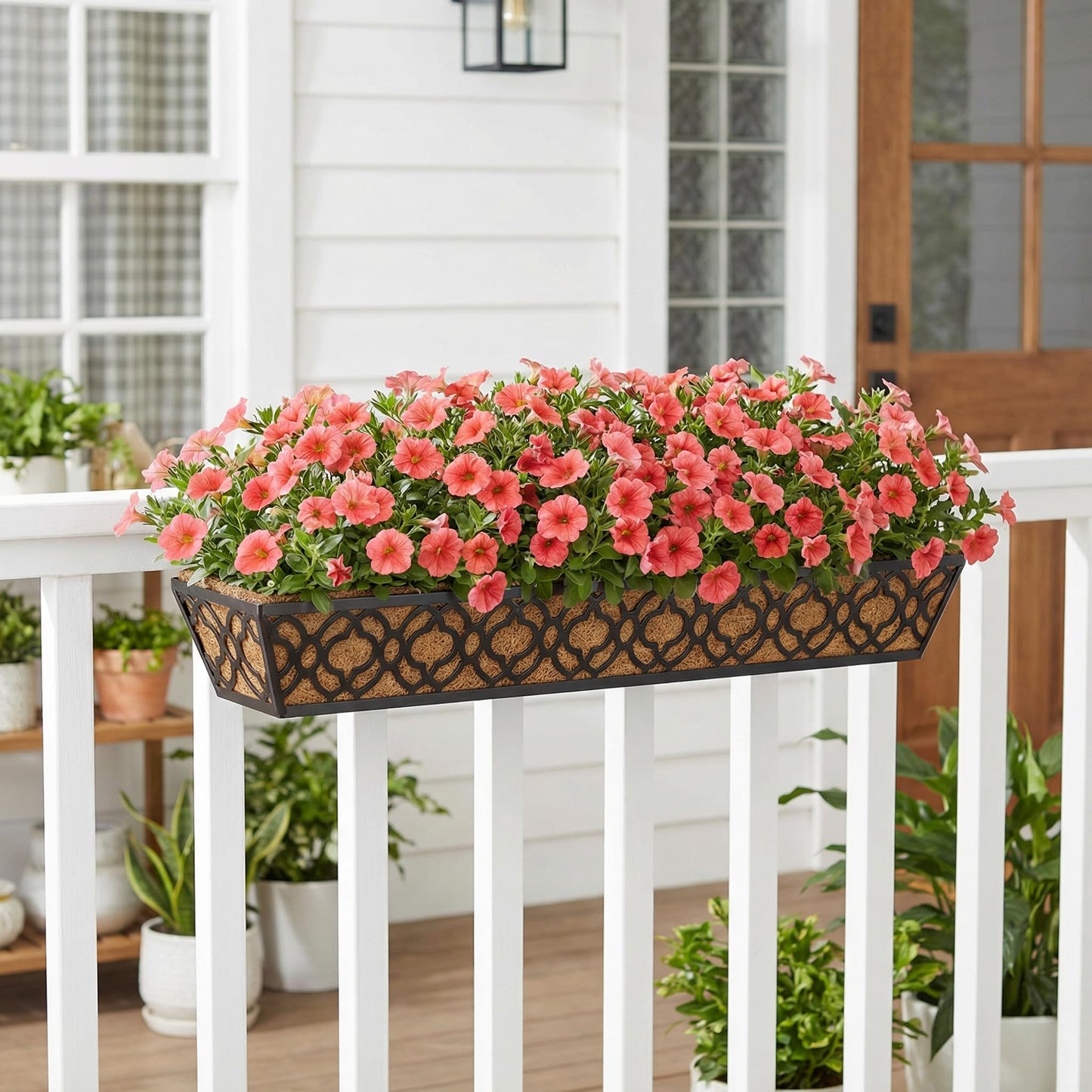 Y&M 36 Inch Window Deck Planter with Coco Liner, Metal Hanging Flower Boxes for Fence, Railing, Balcony, and Outdoor Garden Lawn – 4pcs