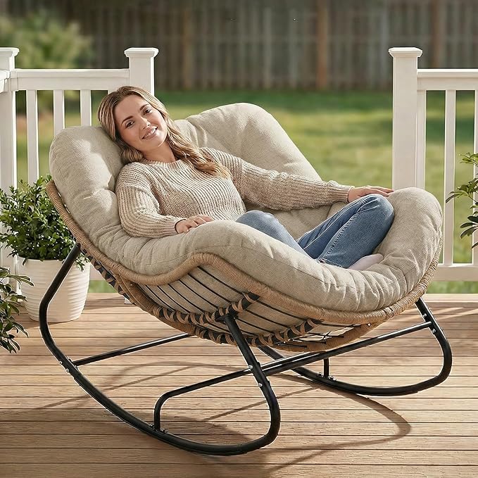 SWITTE Outdoor Papasan Rocking Chair, Oversized Patio Egg Chair