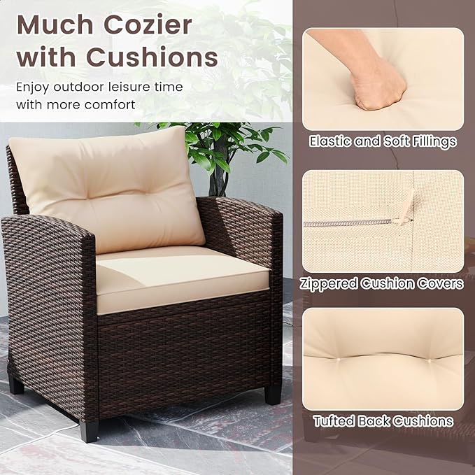 HAPPYGRILL 3 Pieces Patio Conversation Set, Outdoor Rattan Wicker Chairs &