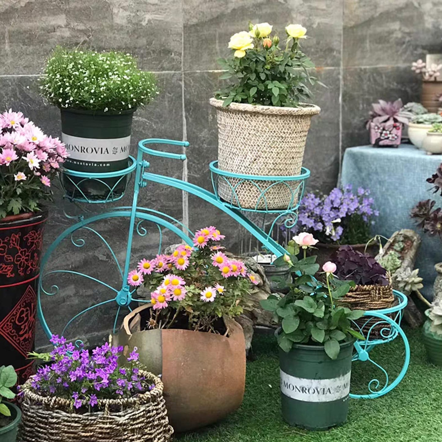 Metal Planter Rack, Bicycle Shape | Plant Flower Display Stand | Plant Shelf Indoor Outdoor Garden | Tiered Plant Stand Holder Display Stand, 3 Potted ,Blue