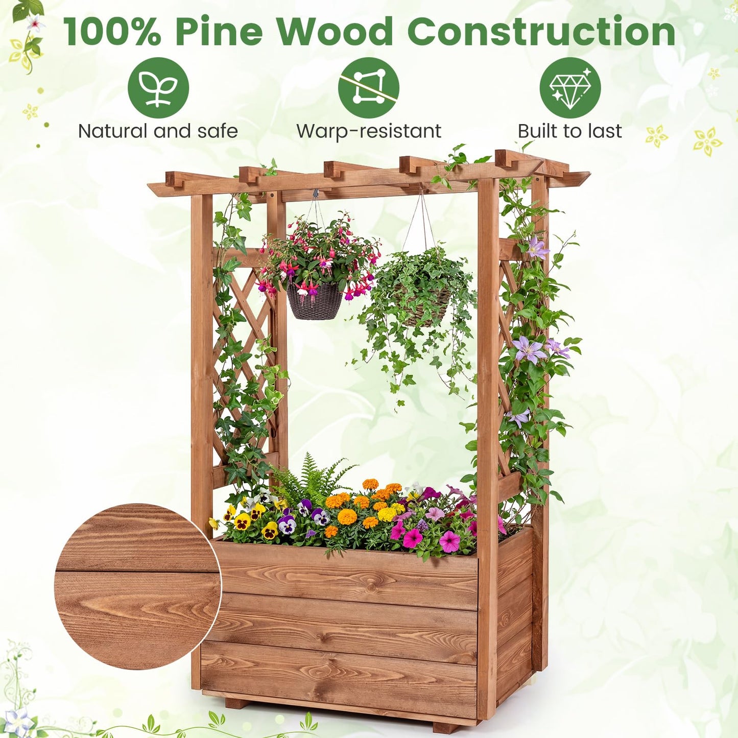 Giantex Raised Garden Bed with Sided Trellis & Roof Set 2, 31”x16”x41” Wood Elevated Planter Box, Freestanding Garden Planter Raised Bed for Flowers Herbs Climbing Vines,Brown
