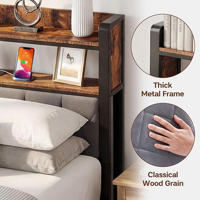 Queen Bed Frame with Charging Station, Upholstered Headboard, Metal Platform