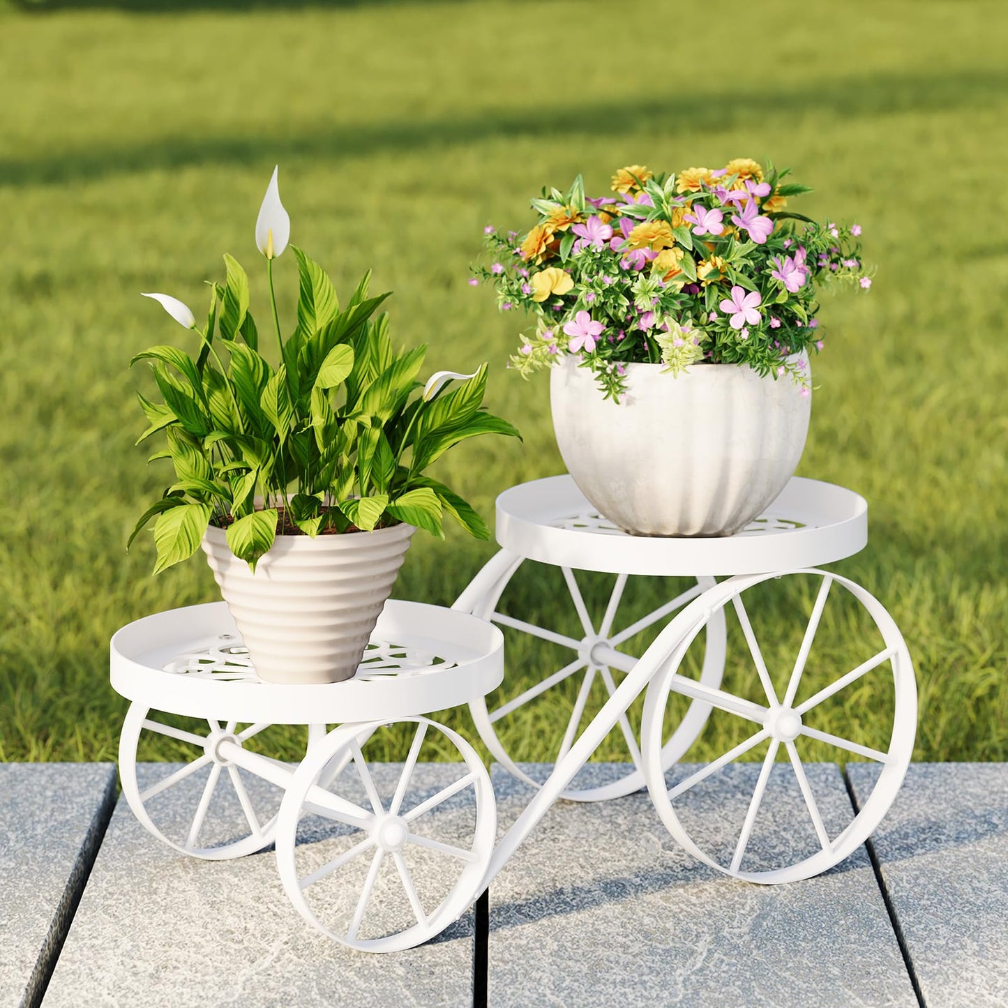 Cute Plant Stand Indoor Outdoor 2-Tier Metal Heavy Duty Flower Pot Holder with Decorative wagon wheels, Multi-Use Planter Display Rack Shelf for Garden Patio Balcony Living Room Corner (White)