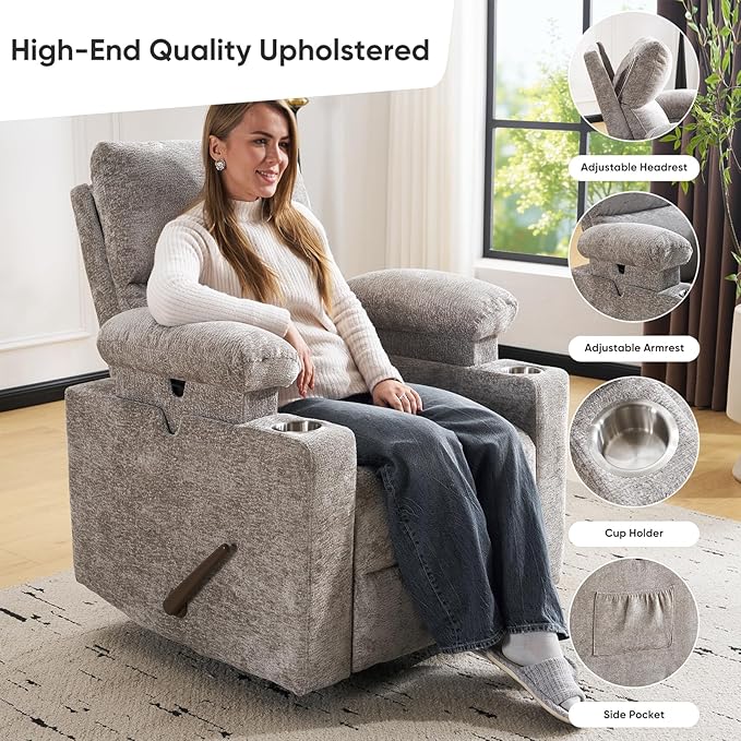 Swivel Rocker Recliner with Adjustable Armrests, Rocking Nursery Chair with