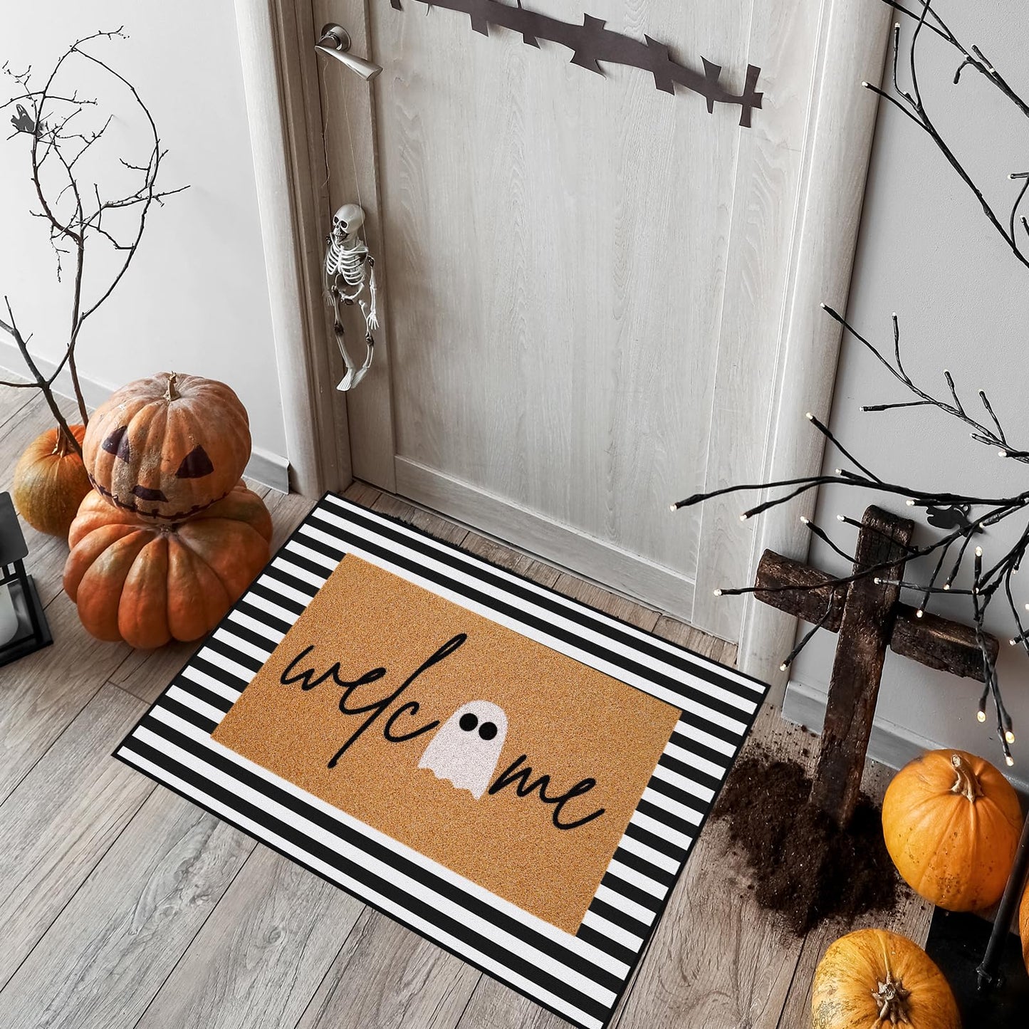 JarThenaAMCS 2Pcs Halloween Door Mat Combo Set 16.5" x 29" Cute Ghost Imitation Coir Welcome Doormat with 23.6" x 35.4" Black White Stripe Rug for Indoor Outdoor Home Bathroom Decor