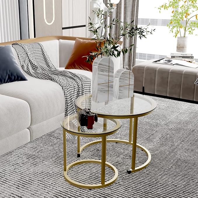 aboxoo Gold Nesting Coffee Table Set of 2, Small Glass Round Nesting Tables