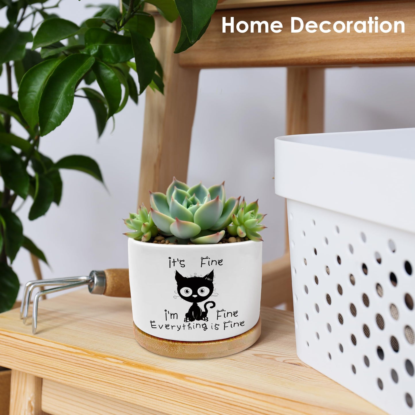 ROXMART Funny Office Black Cat Plant Pots, Cat Lover Gifts Succulent Planters, It's Fine Everything is Fine Sarcastic Ceramic Plant Flower Pots for Home Office Desk Table Shelf(No Plants)