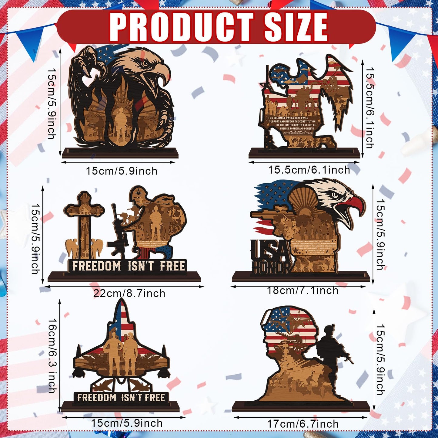 Yuntau 6 Pcs 4th of July Patriotic Table Decorations 250th Anniversary Wood Table Centerpiece American Soldier USA Wooden Tabletop Sign for Independence Veteran Day Shelves Memorial Tiered Tray Decor