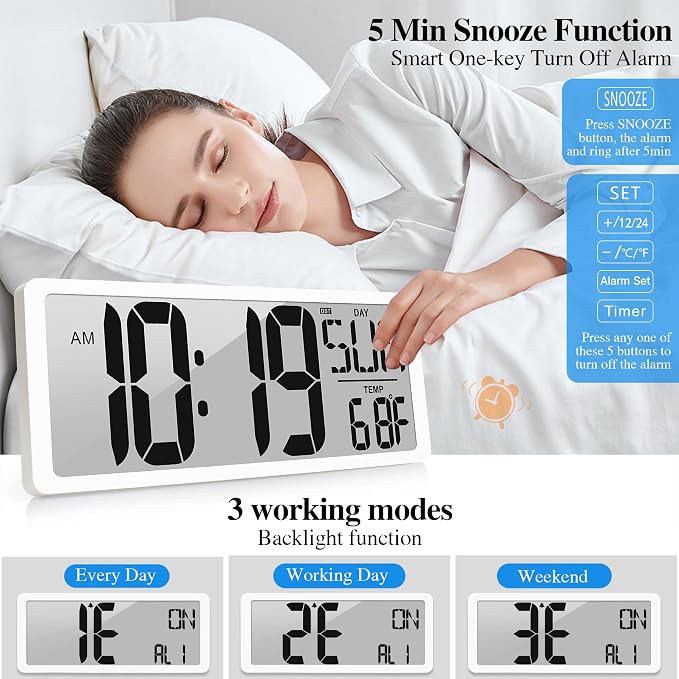 Large Digital Wall Clock with Backlight 15.2 Inch Digital Alarm Clock for Bedroom Wall Clocks Battery Operated Large Display with Temperature Desk Clocks for Office Living Room Decor