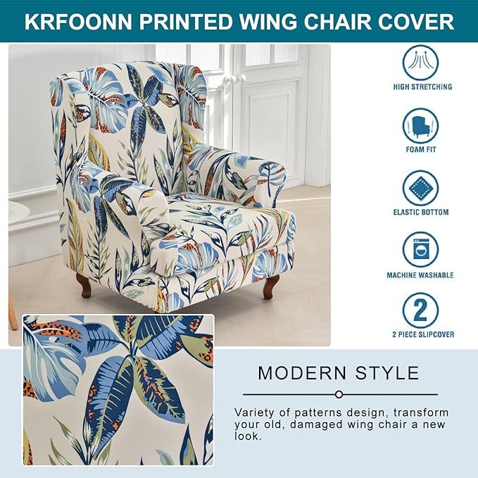 KRFOONN Stretch Wing Chair Slipcovers Printed 2 Piece Wingback Chair Covers