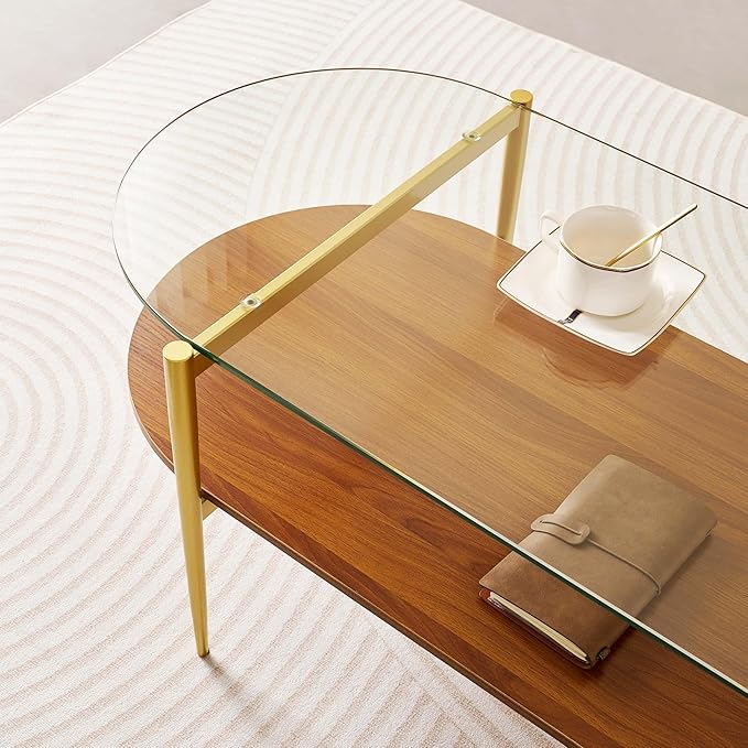 LumFurn Oval Glass Coffee Table, Mid-Century Modern Design, L41 x W21 x H17 inch