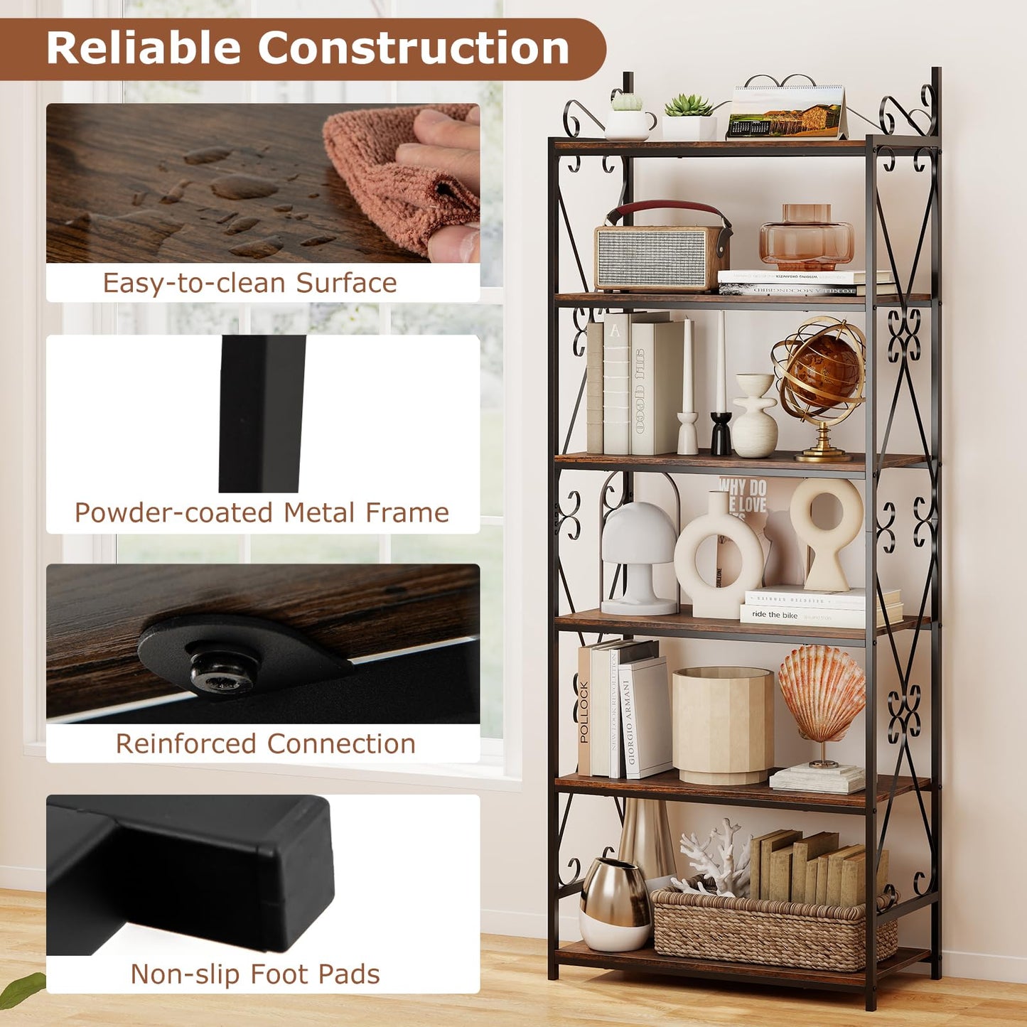 GOFLAME 6-Tier Tall Bookshelf, 71.5” Classic Bookcase with Open Shelves, Metal Frame, Plant Stand, Industrial Display Rack Shelving Unit for Home Office, Living Room, Rustic Brown & Black (2)
