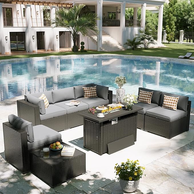 Aoxun Patio Furniture Set with Fire Pit Table, 8 Piece Outdoor Sectional Sofas